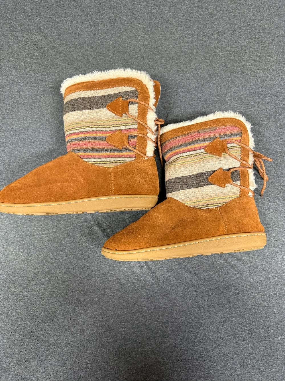 Women’s Pendleton Suede Faux-Fur Lined Tan Boots with Striped Fabric Panel - Picture 2 of 5